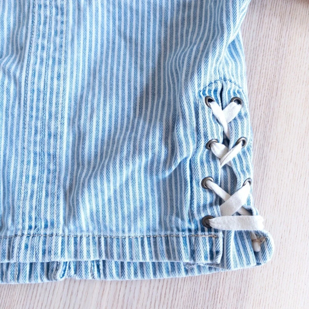Gap Denim Jacket Blue White Hickory Stripe Lace Up Back Kids Size S 6-7